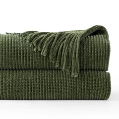 Battilo Chenille Knit Blankets with Tassels Green Plaid Throw Blanket for Bed Couch Decorative Sofa Blanket Bedroom Spring Decor