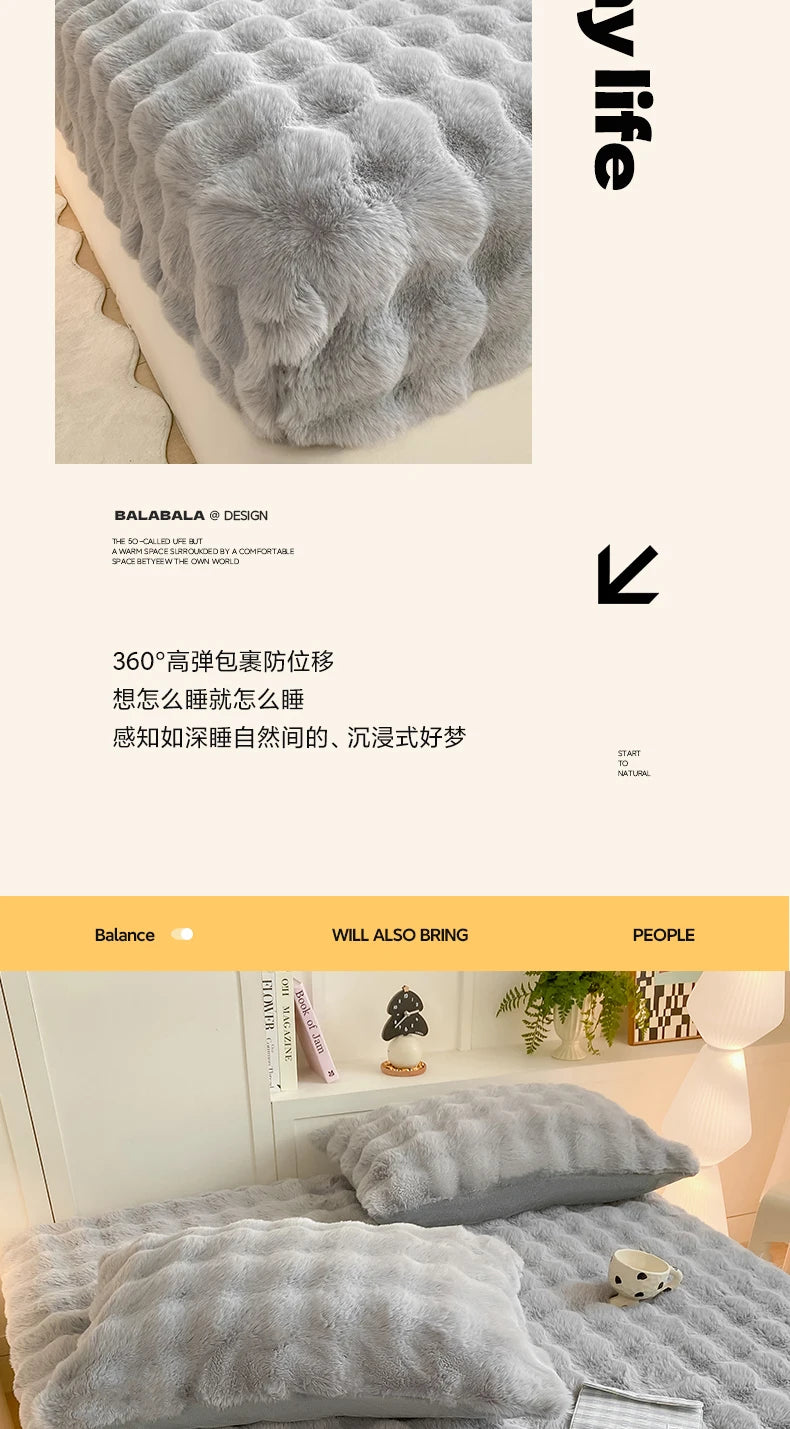 Fluffy Plush Fitted Bed Sheet for Winter Solid Color Rabbit Fleece Bed Sheets on Elastic Winter Warm Thicken Mattress Protector