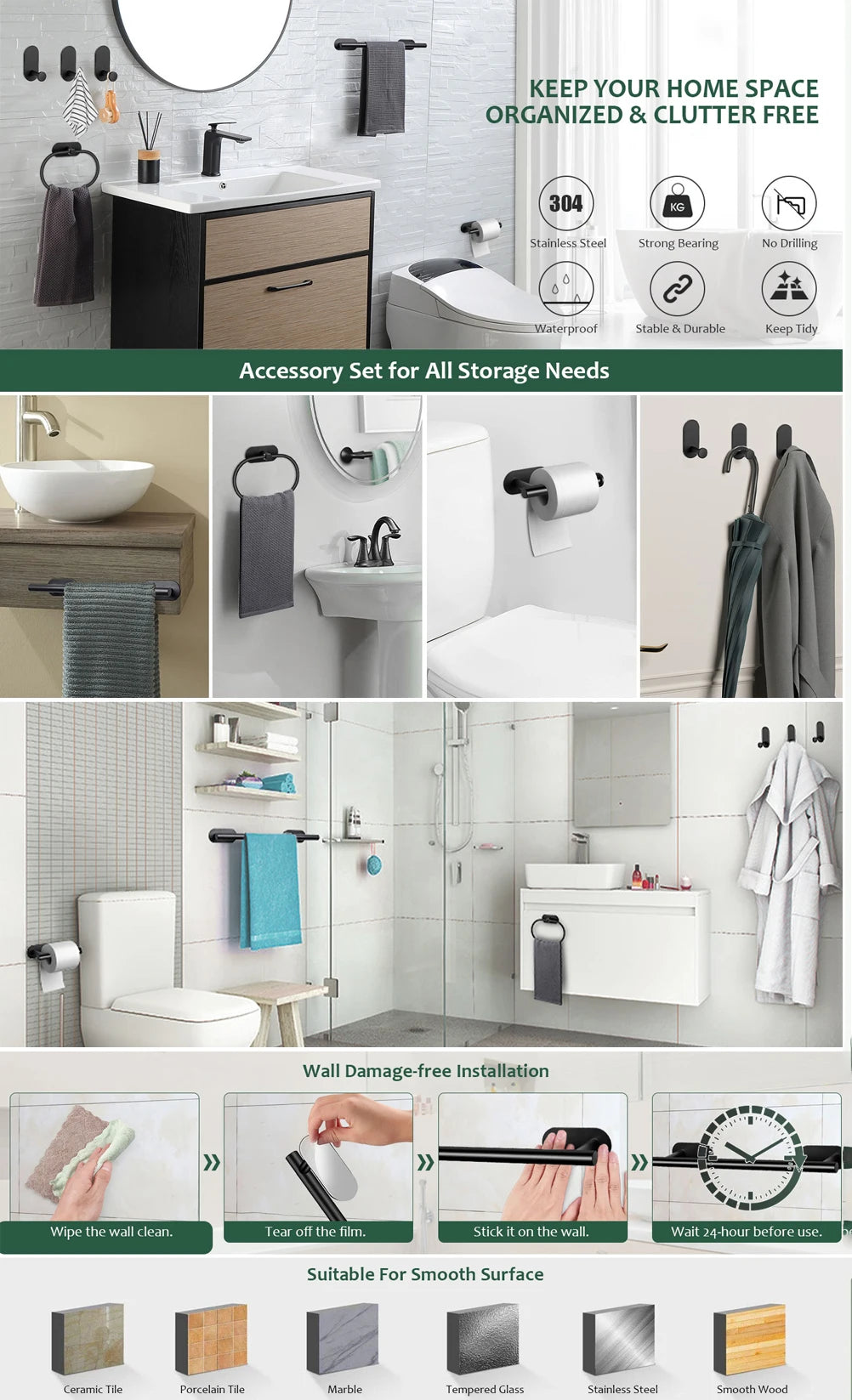 No Drilling Stainless Steel Towel Bar Paper Holder Self-adhesive Towel Ring Robe Hook Matte Black Silver Bathroom Accessory Set
