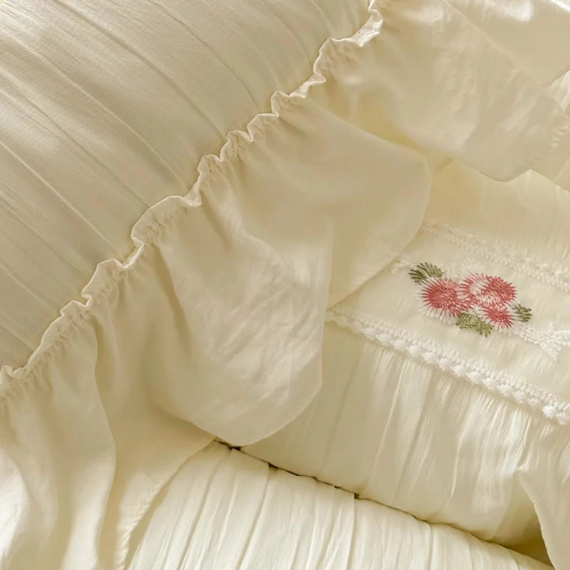 Korean Princess Style Lace Ruffles Wedding Bedding Set Seersucker Washed Cotton Soft Duvet Cover Set Bed Sheet Pillowcase 3/4Pcs