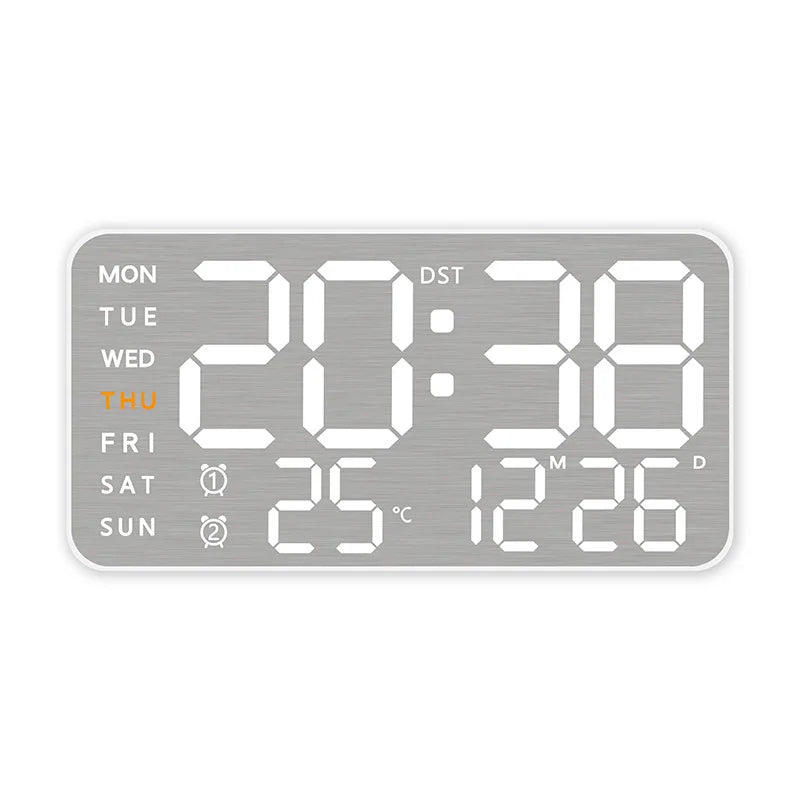 Mirror Brushed Finish Silent Wall Clock, Digital LED Display with Temperature Date Alarm, Modern Minimalist Decor for Bedroom