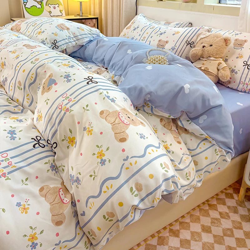 Washed Cotton Bedding Set Single Bed Three Piece Set Student Dormitory Pure Color Four Piece Set Bed Sheet Duvet Cover Quilt