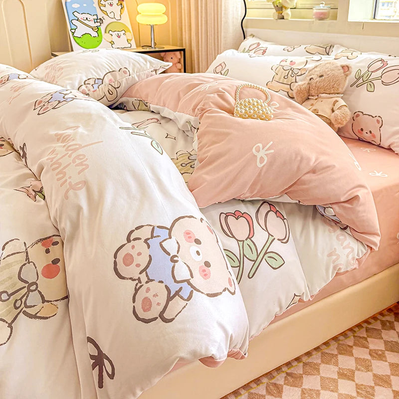 Washed Cotton Bedding Set Single Bed Three Piece Set Student Dormitory Pure Color Four Piece Set Bed Sheet Duvet Cover Quilt