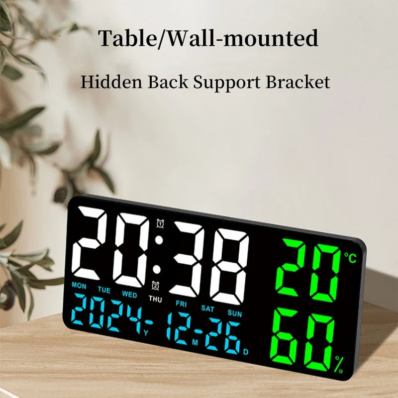 Large Digital Wall Clock with 7Colors Mood Light 2 Alarm TEMP Humidity Date Table Clock 12/24H Timing Countdown LED Alarm Clock