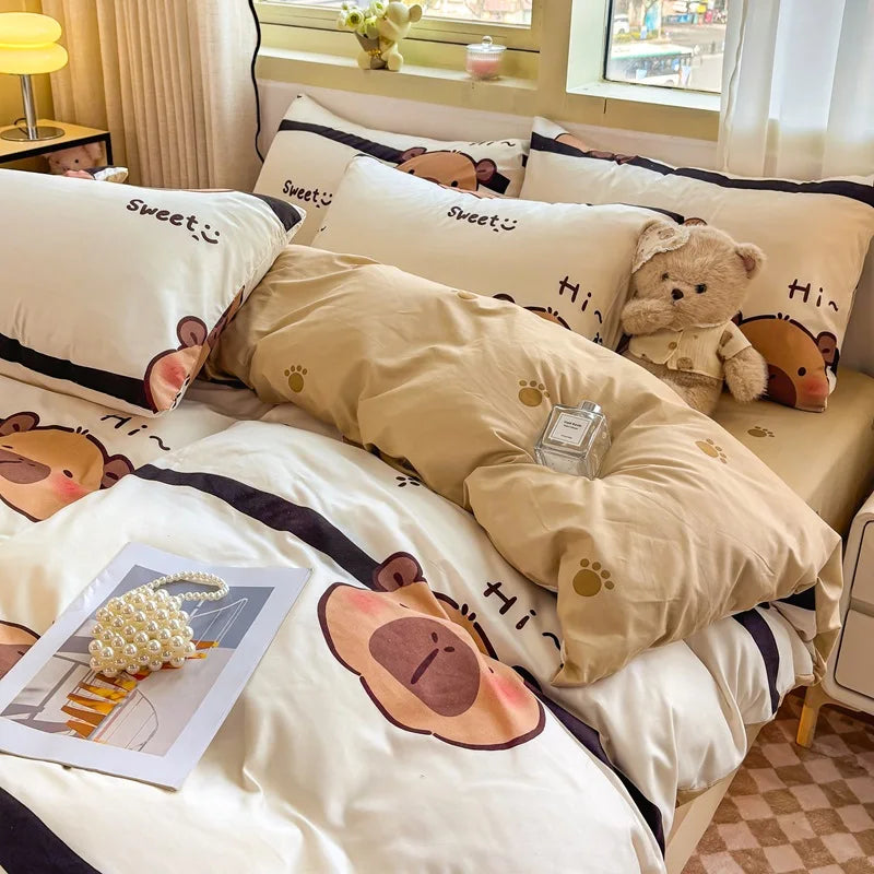 Washed Cotton Bedding Set Single Bed Three Piece Set Student Dormitory Pure Color Four Piece Set Bed Sheet Duvet Cover Quilt