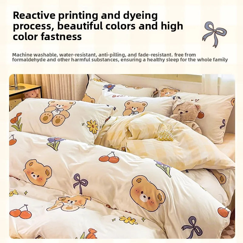 Washed Cotton Bedding Set Single Bed Three Piece Set Student Dormitory Pure Color Four Piece Set Bed Sheet Duvet Cover Quilt