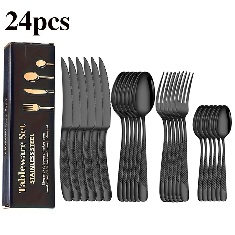 24pcs stainless steel tableware set, including knife, fork, spoon and coffee spoon gift box, dishwasher safe.