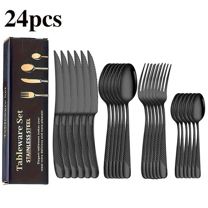 24pcs stainless steel tableware set, including knife, fork, spoon and coffee spoon gift box, dishwasher safe.