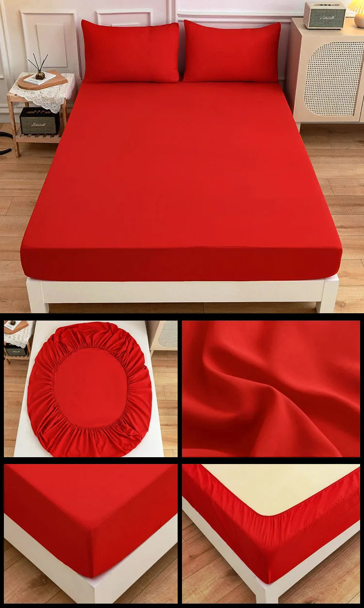 Kuup Polyester 3pcs Solid Color Queen Size Bedding Set - Fitted Sheet & Pillowcases with Elastic Band Mattress Cover