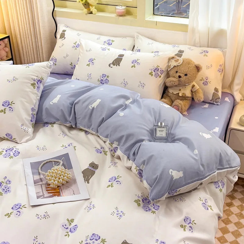 Washed Cotton Bedding Set Single Bed Three Piece Set Student Dormitory Pure Color Four Piece Set Bed Sheet Duvet Cover Quilt