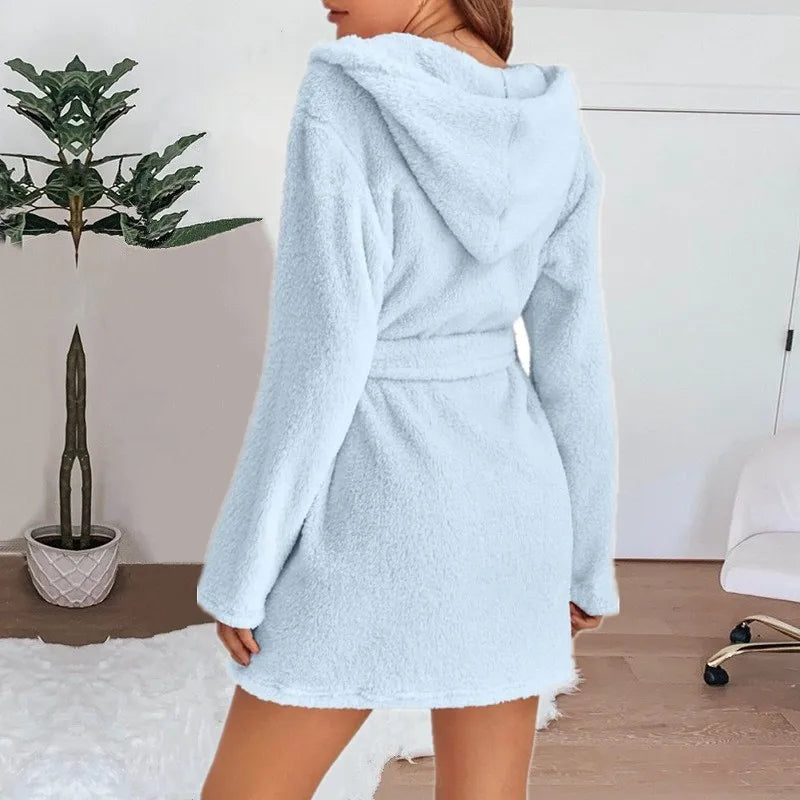 Autumn Winter Women Sexy Bath Robe Fluffy Plush Pyjamas Ladies Hooded Dressing Solid Color Gown Warm Bathrobe Female Loungewear