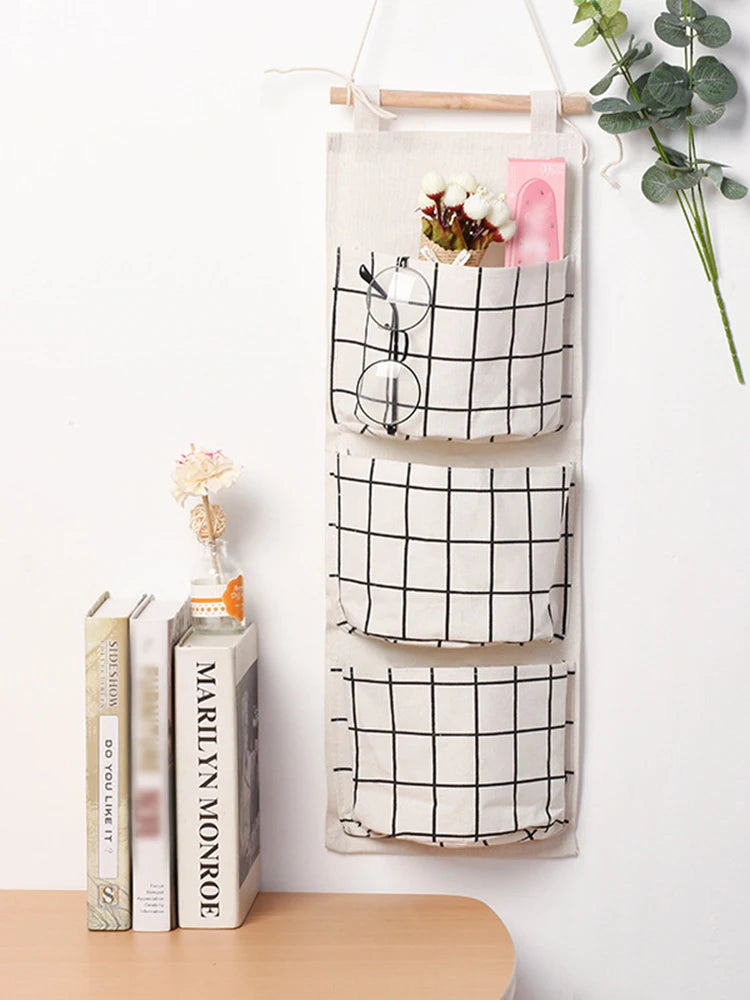 1PC Three Pockets Hanging Wall Storage Bag Household Bedroom Living Room Kitchen Cotton Linen Storage Bag