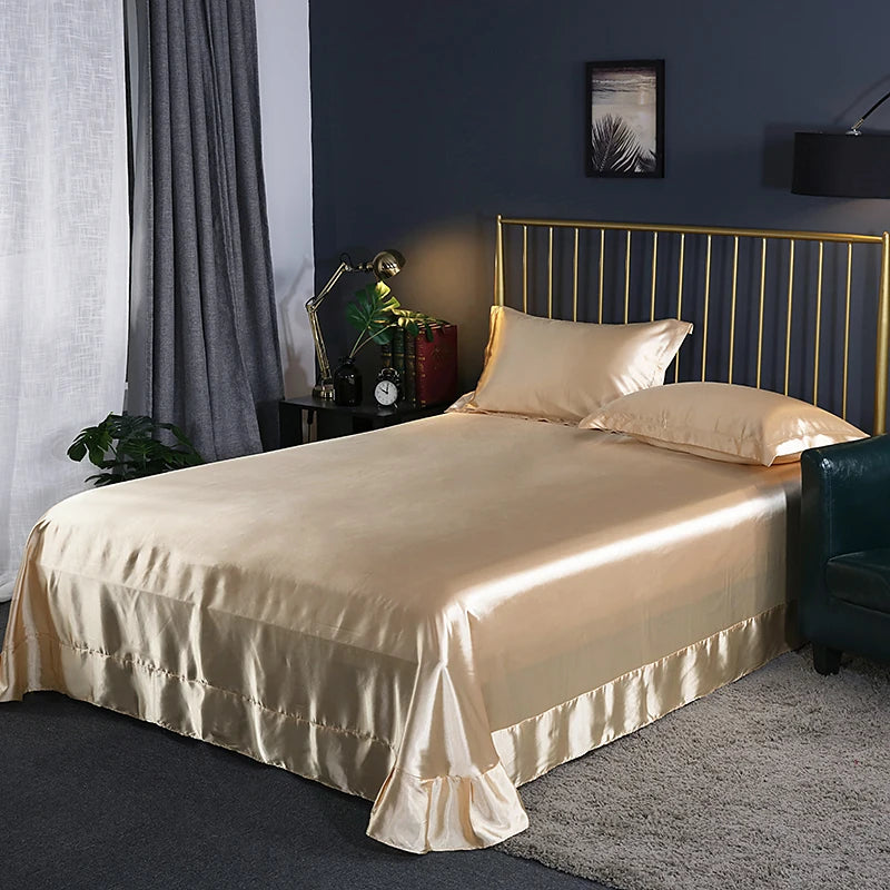 Luxury Mulberry Silk Bed Sheets and Pillow Cases Set Queen King Size Solid Satin Flat Bed Sheet Set European Soft Double Bedding