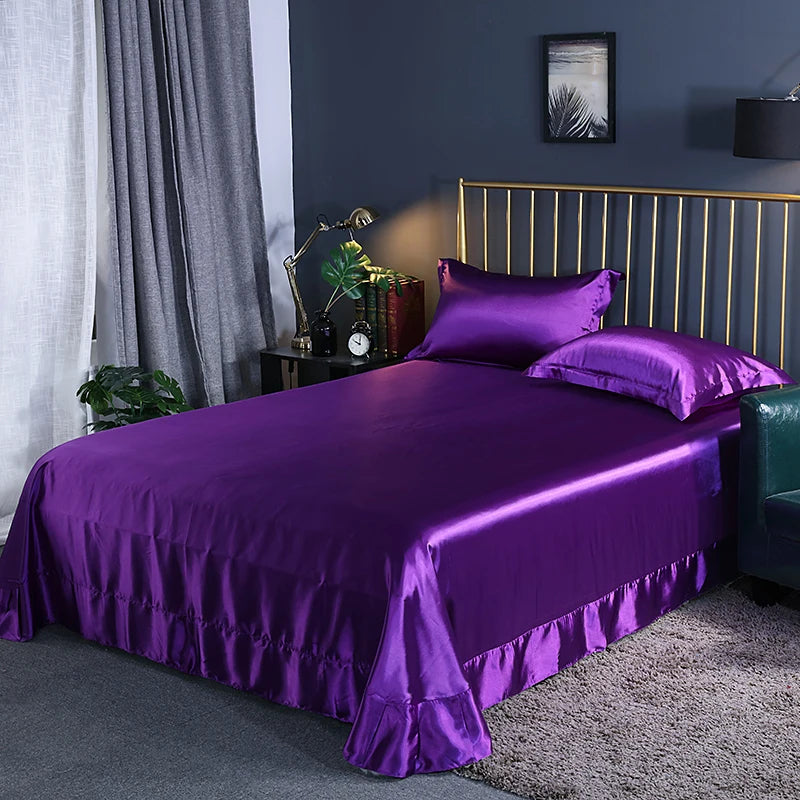 Luxury Mulberry Silk Bed Sheets and Pillow Cases Set Queen King Size Solid Satin Flat Bed Sheet Set European Soft Double Bedding
