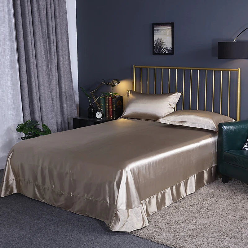 Luxury Mulberry Silk Bed Sheets and Pillow Cases Set Queen King Size Solid Satin Flat Bed Sheet Set European Soft Double Bedding