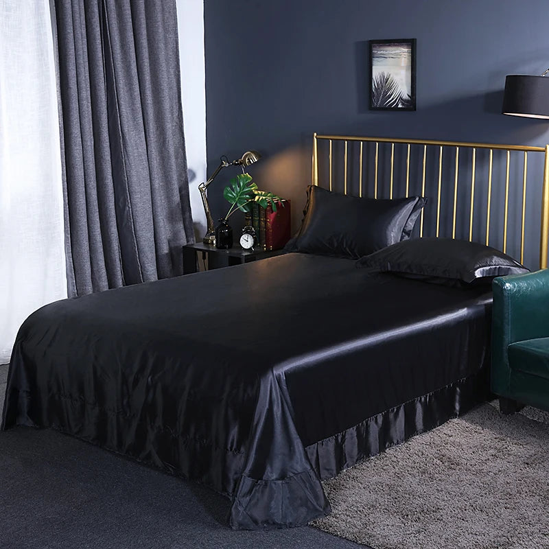 Luxury Mulberry Silk Bed Sheets and Pillow Cases Set Queen King Size Solid Satin Flat Bed Sheet Set European Soft Double Bedding