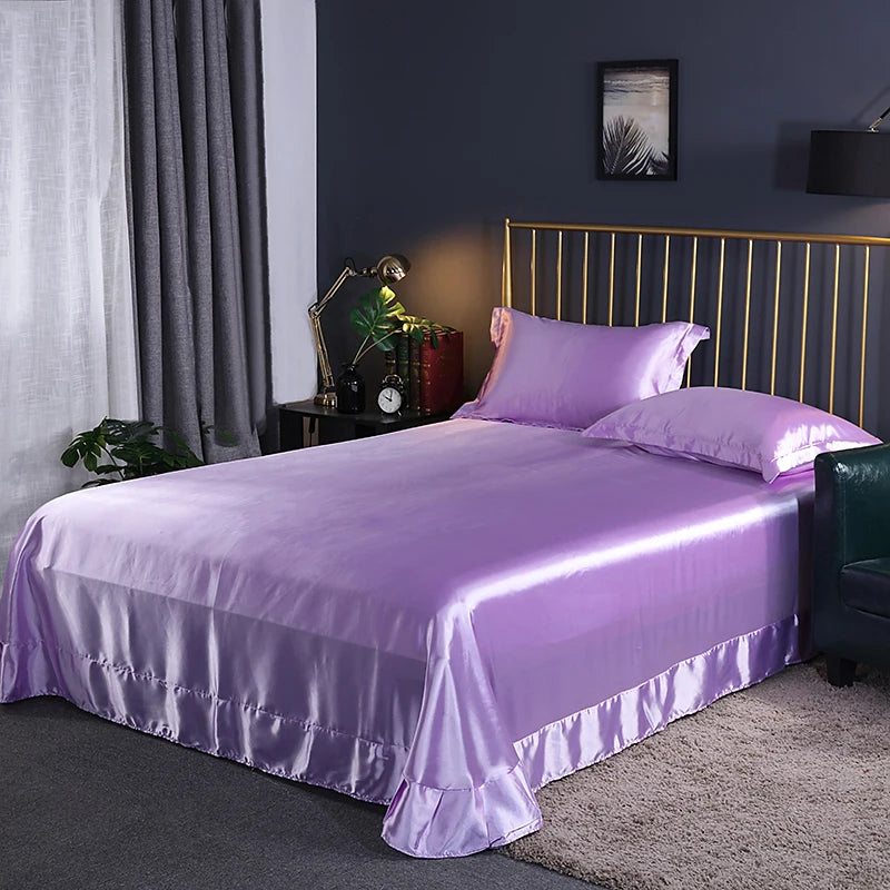Luxury Mulberry Silk Bed Sheets and Pillow Cases Set Queen King Size Solid Satin Flat Bed Sheet Set European Soft Double Bedding