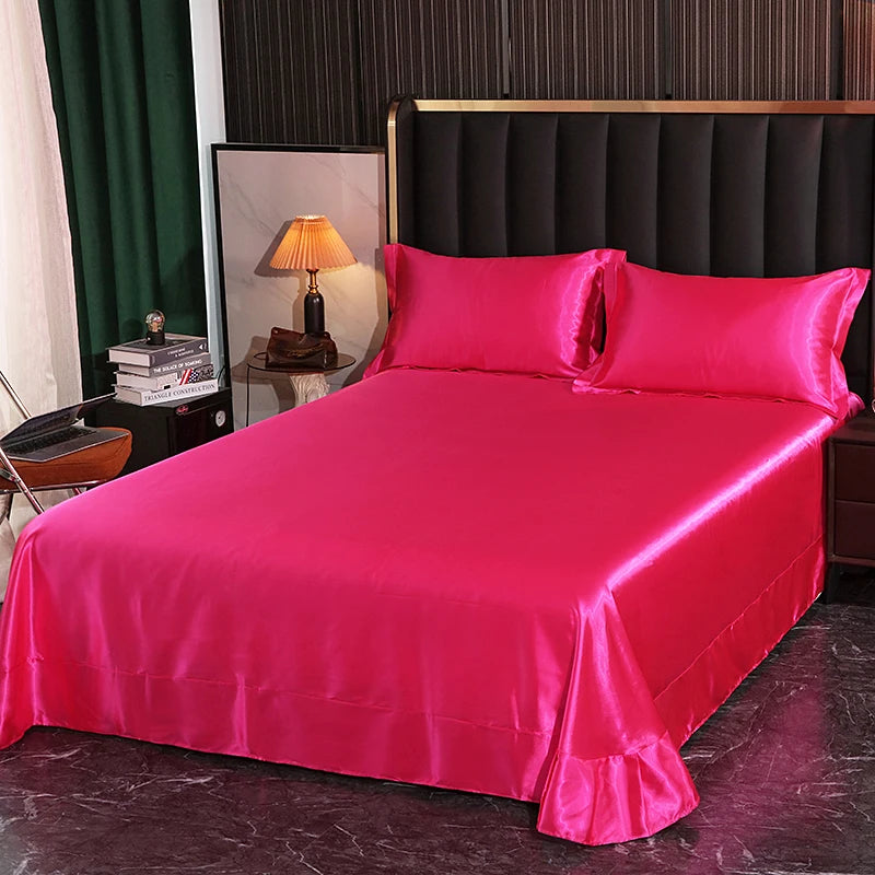 Luxury Mulberry Silk Bed Sheets and Pillow Cases Set Queen King Size Solid Satin Flat Bed Sheet Set European Soft Double Bedding