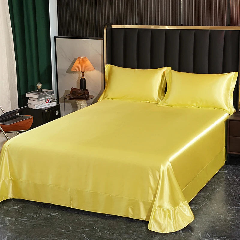 Luxury Mulberry Silk Bed Sheets and Pillow Cases Set Queen King Size Solid Satin Flat Bed Sheet Set European Soft Double Bedding
