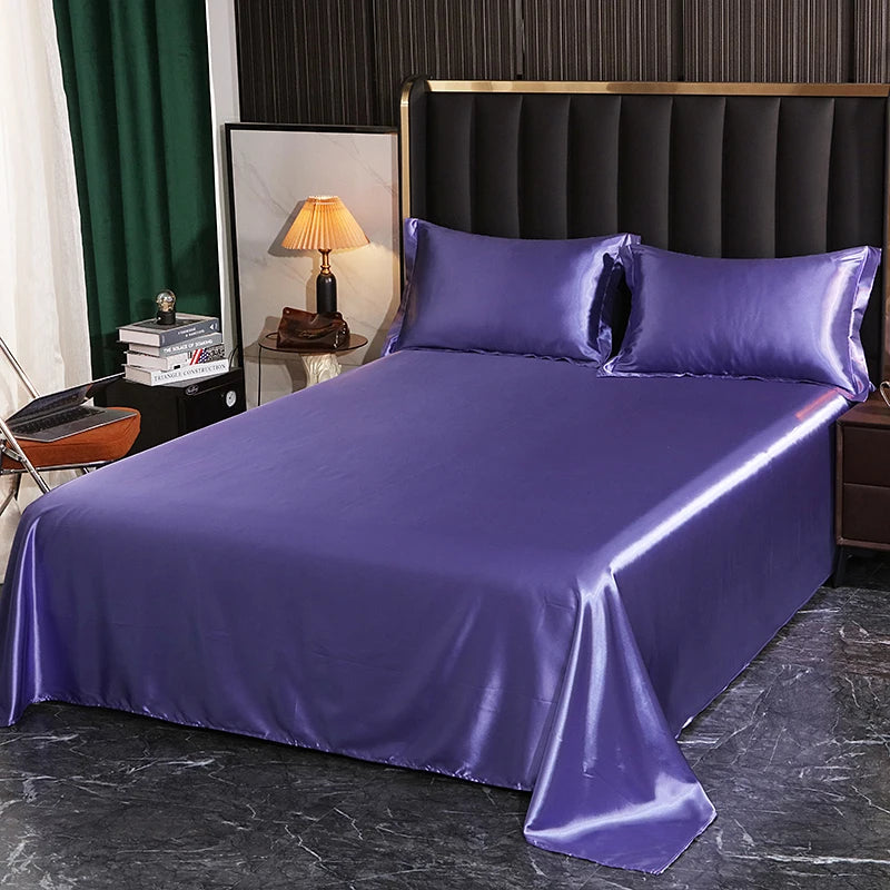 Luxury Mulberry Silk Bed Sheets and Pillow Cases Set Queen King Size Solid Satin Flat Bed Sheet Set European Soft Double Bedding
