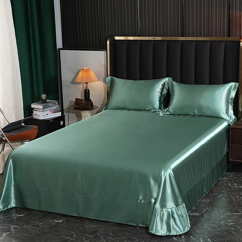 Luxury Mulberry Silk Bed Sheets and Pillow Cases Set Queen King Size Solid Satin Flat Bed Sheet Set European Soft Double Bedding