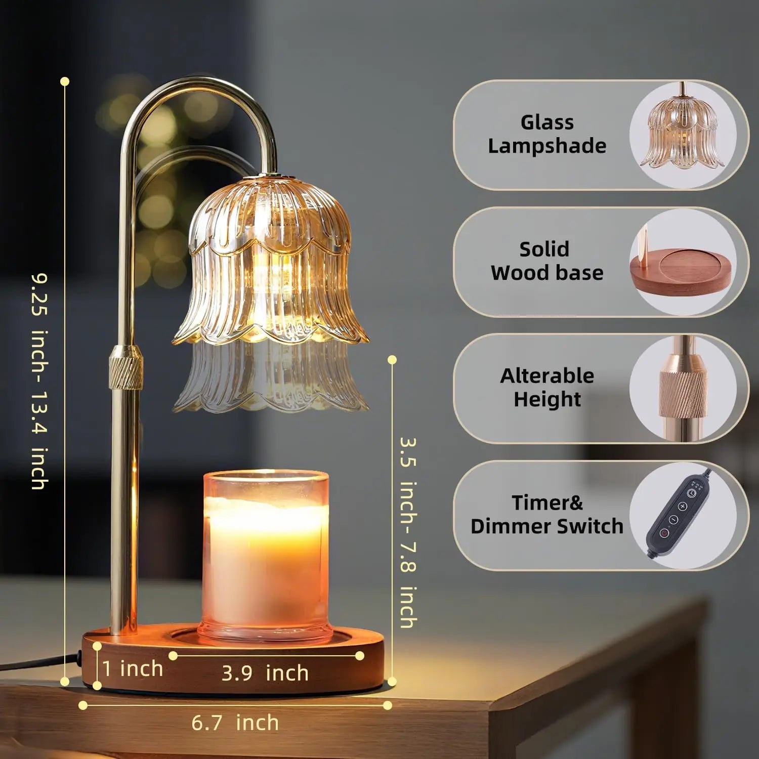 Flower-Shaped Candle Warmer Lamp with Timer, Adjustable Height and Dimmable Light for Safe Flameless Aroma