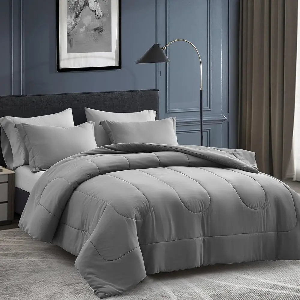 7-Piece Bed in a Bag Comforter Set with Sheets, Pillowcases, and Shams - Reversible Down Alternative Duvet Cover in Grey