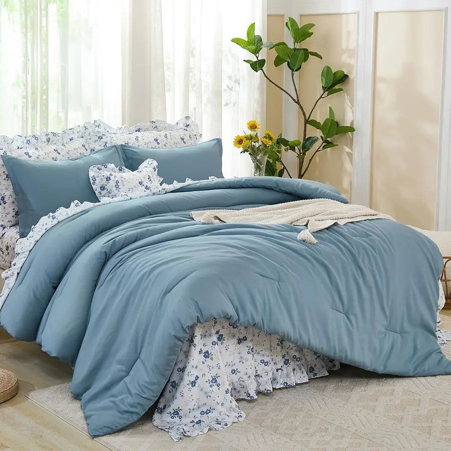 Queen Comforter Set, 8 Pieces Ruffle Blue Bed in a Bag Queen, Farmhouse Bedding Set Queen Size with Ruffle Comforter, Ruffle Flo