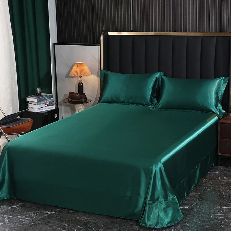 Luxury Mulberry Silk Bed Sheets and Pillow Cases Set Queen King Size Solid Satin Flat Bed Sheet Set European Soft Double Bedding