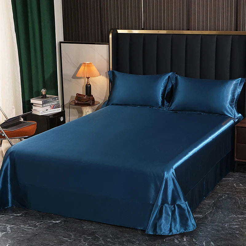 Luxury Mulberry Silk Bed Sheets and Pillow Cases Set Queen King Size Solid Satin Flat Bed Sheet Set European Soft Double Bedding
