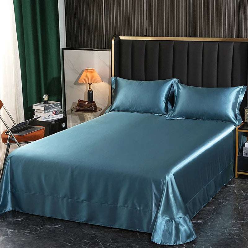Luxury Mulberry Silk Bed Sheets and Pillow Cases Set Queen King Size Solid Satin Flat Bed Sheet Set European Soft Double Bedding