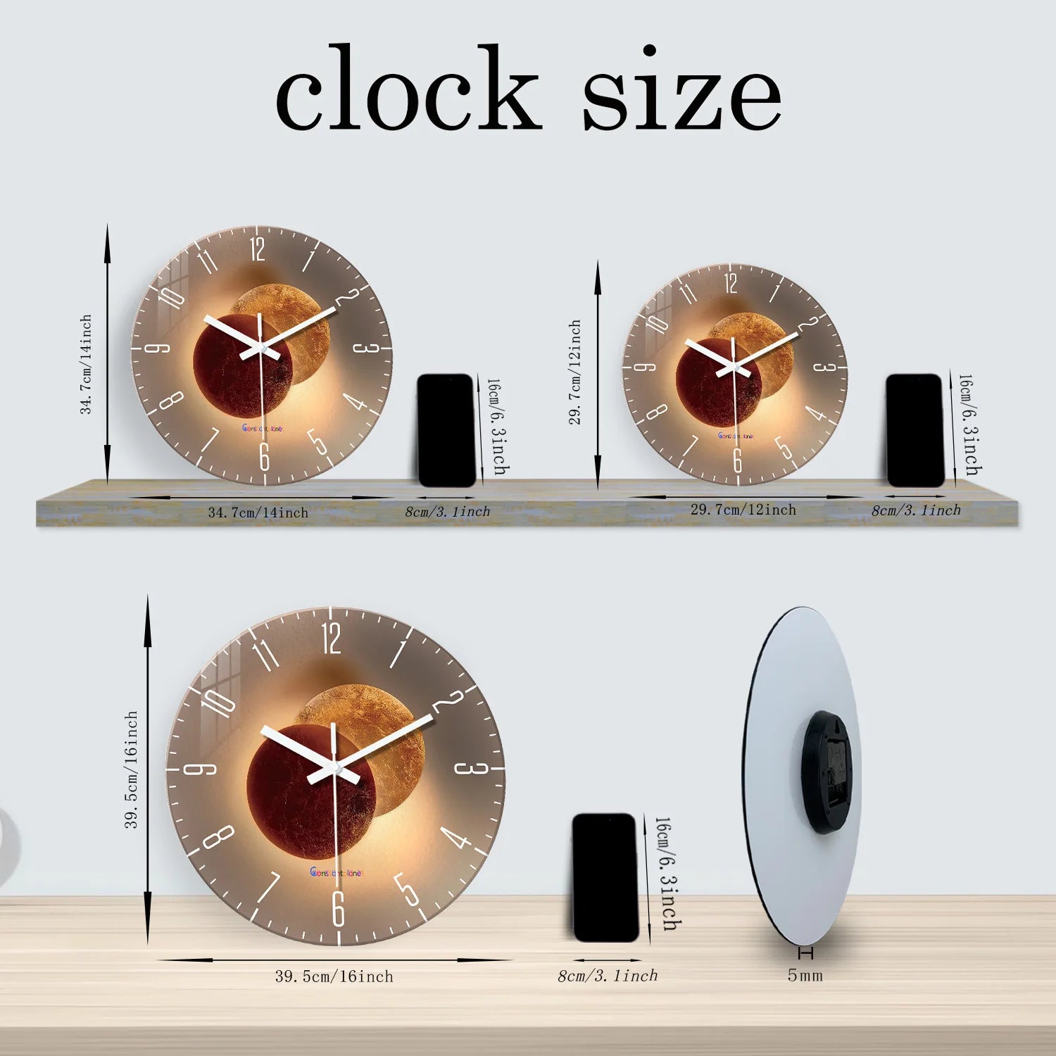 Light Luxury Shadow Pattern Tempered Glass Wall Clock for Living Room, Bedroom, Kitchen, Home Decoration, Silent Quartz Clock, Holiday Gift, 12 Inches, 14 Inches 16inch (Battery Not Included)
