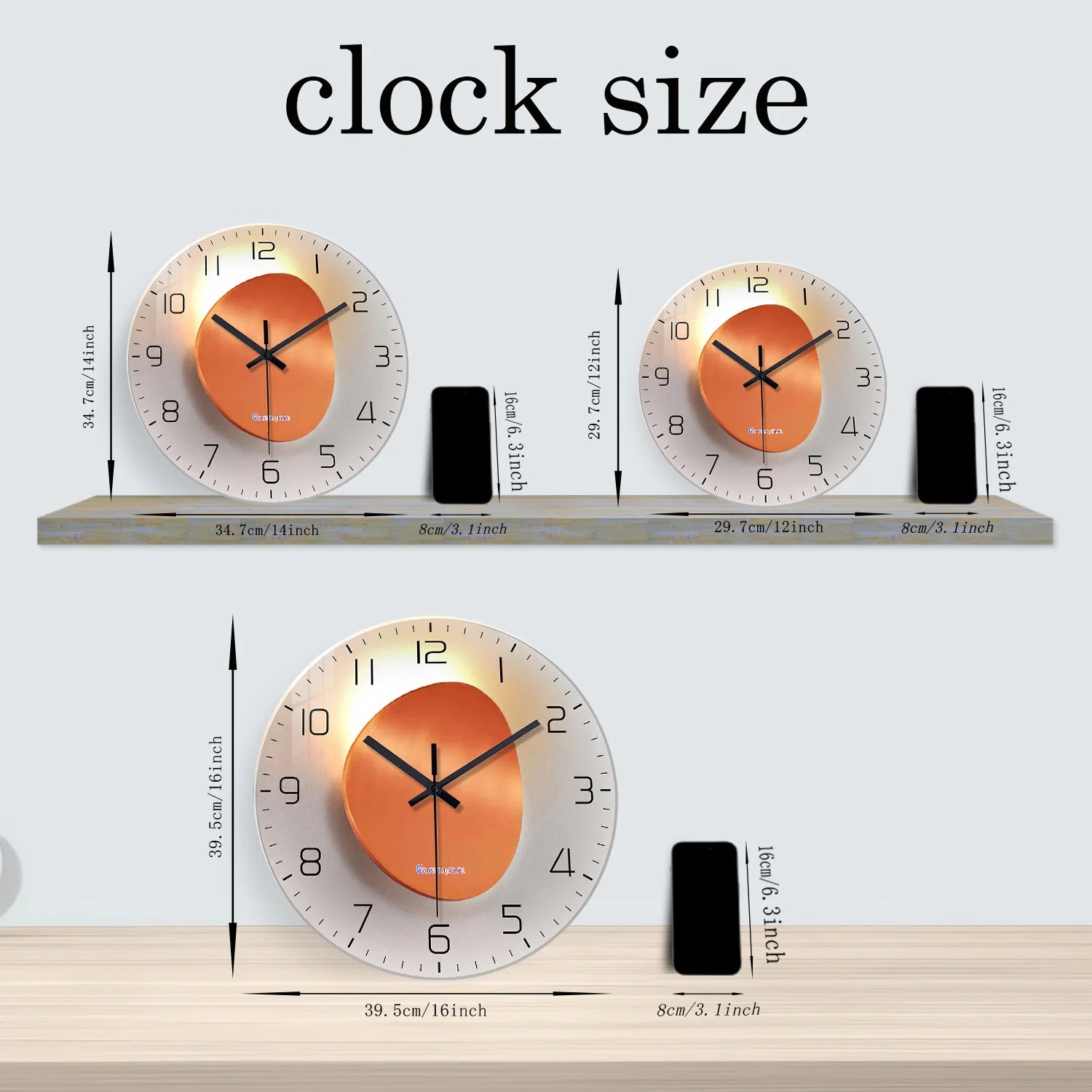 Light Luxury Light and Shadow Flat Pattern Tempered Glass Wall Clock for Living Room, Bedroom, Kitchen, Home Decoration, Silent Quartz Clock, Holiday Gift 12-16inch (Non-Lit)