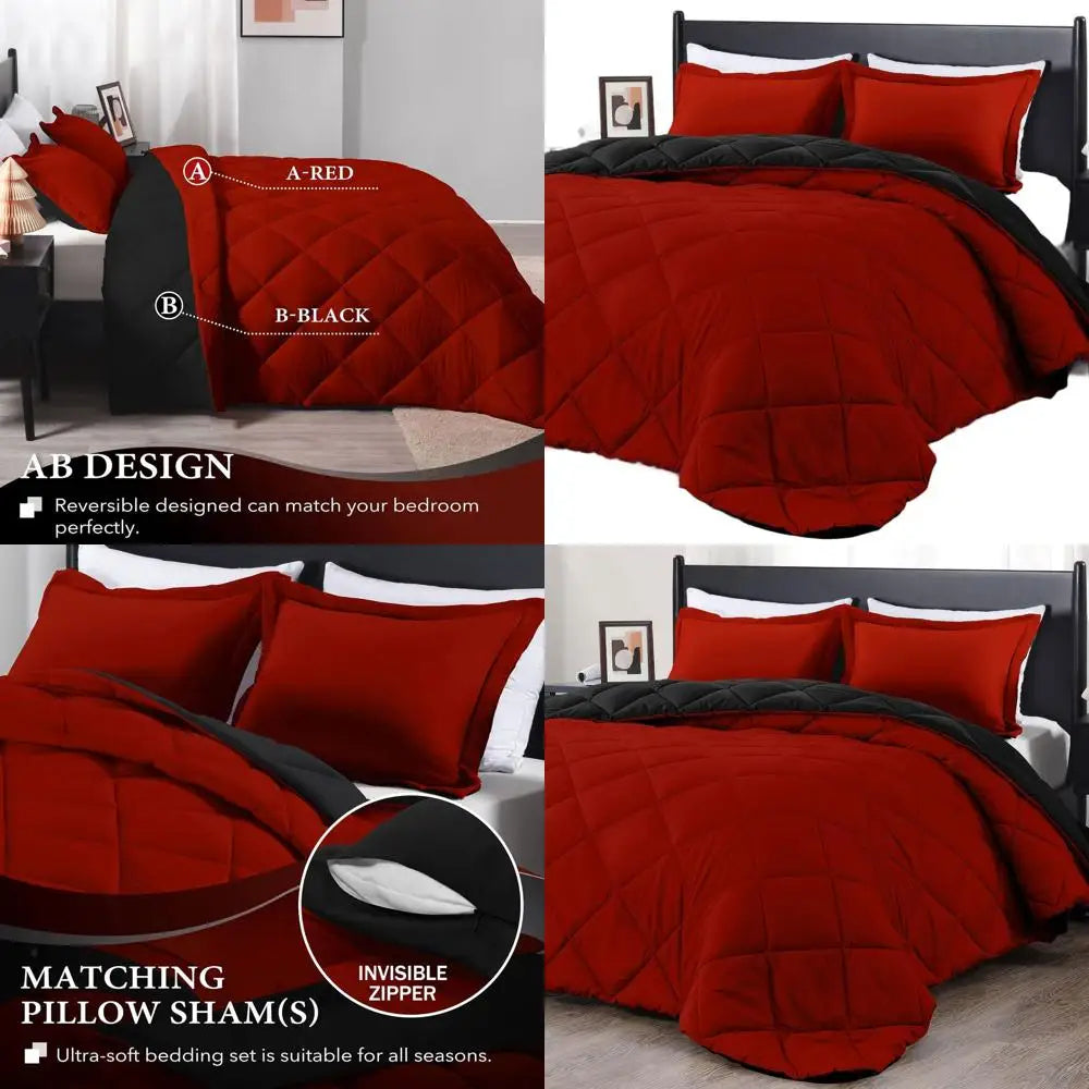 Red & Black King-Size Comforter Set: 3-Piece Luxury Bedding for Year-Round Comfort