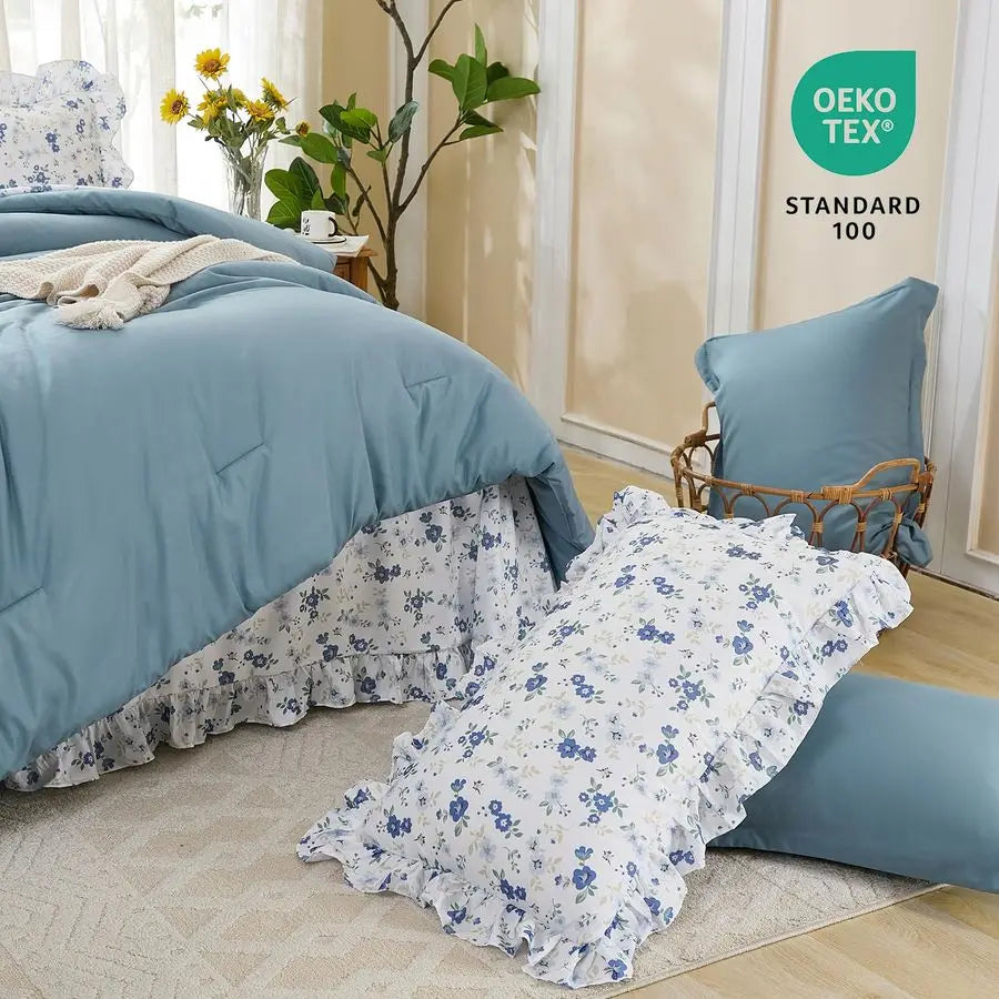 Queen Comforter Set, 8 Pieces Ruffle Blue Bed in a Bag Queen, Farmhouse Bedding Set Queen Size with Ruffle Comforter, Ruffle Flo