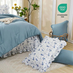 Queen Comforter Set, 8 Pieces Ruffle Blue Bed in a Bag Queen, Farmhouse Bedding Set Queen Size with Ruffle Comforter, Ruffle Flo