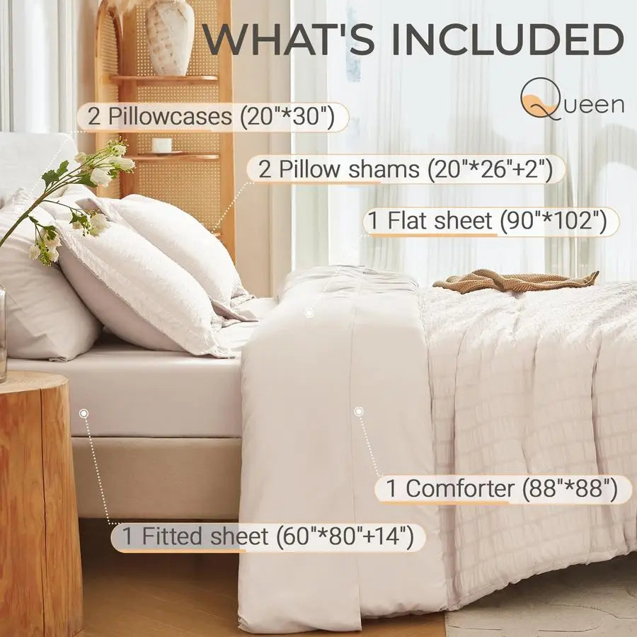 7 Pieces Queen Comforter Set, Seersucker Bed in a Bag Queen Size, All Season Luxury Bedding Set with Comforter, Flat Sheet, Fitt