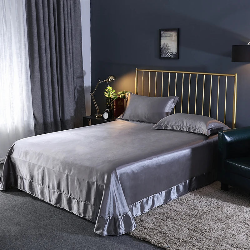 Luxury Mulberry Silk Bed Sheets and Pillow Cases Set Queen King Size Solid Satin Flat Bed Sheet Set European Soft Double Bedding