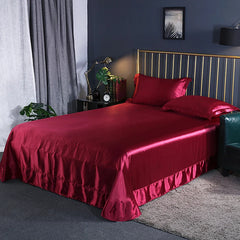 Luxury Mulberry Silk Bed Sheets and Pillow Cases Set Queen King Size Solid Satin Flat Bed Sheet Set European Soft Double Bedding