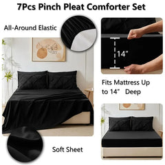 Queen Comforter Set Black, 7 Pieces Pintuck Bed in A Bag, Premium Black Comforter Queen Size, Pinch Pleat Bedding Sets with Comf
