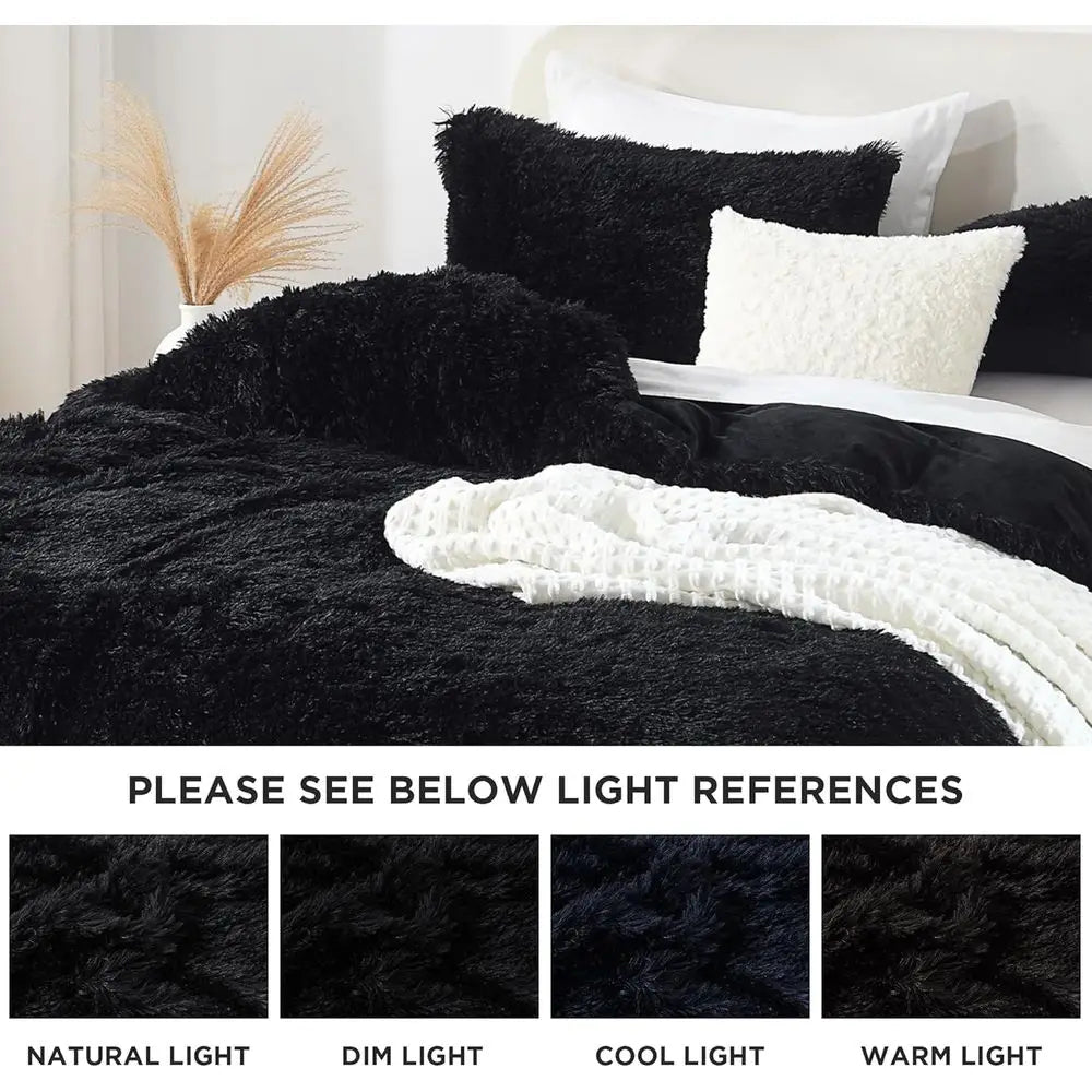 Queen Size Plush Faux Fur Comforter Set, 3-Piece Velvet Bedding with 1 Blanket and 2 Pillowcases