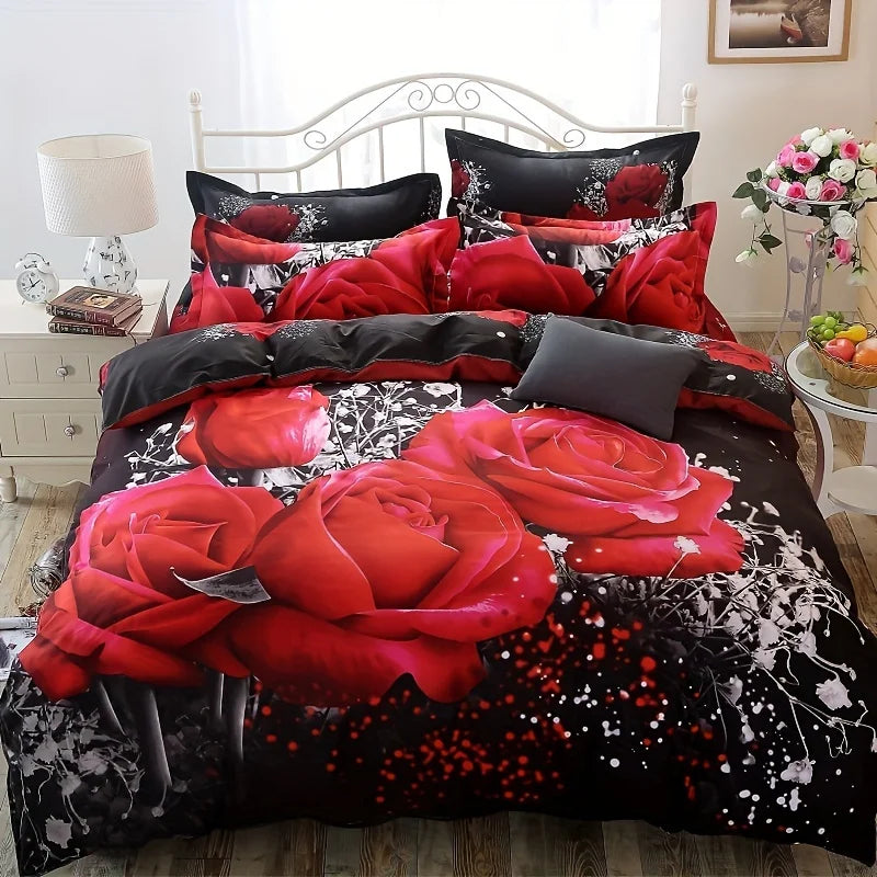 2/3pcs Duvet Cover Set, Red Rose Print Bedding Set, Soft Comfortable Duvet Cover, (1*Duvet Cover + 1/2*Pillowcase, Without Core)