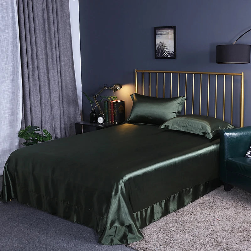 Luxury Mulberry Silk Bed Sheets and Pillow Cases Set Queen King Size Solid Satin Flat Bed Sheet Set European Soft Double Bedding