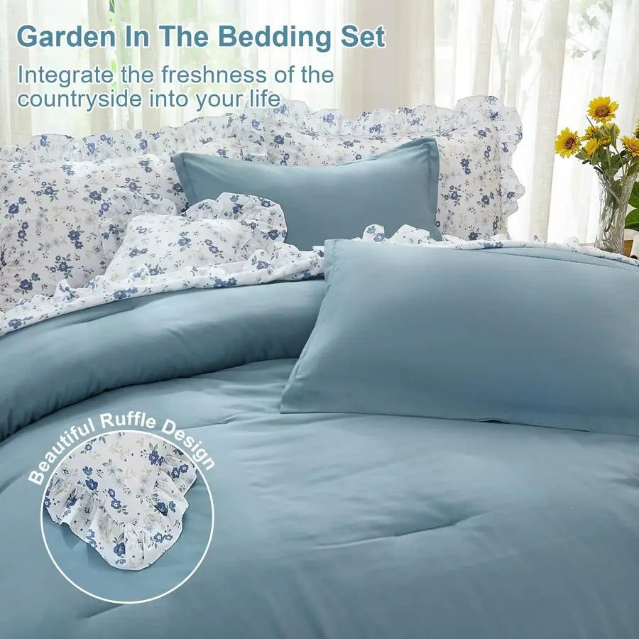 Queen Comforter Set, 8 Pieces Ruffle Blue Bed in a Bag Queen, Farmhouse Bedding Set Queen Size with Ruffle Comforter, Ruffle Flo