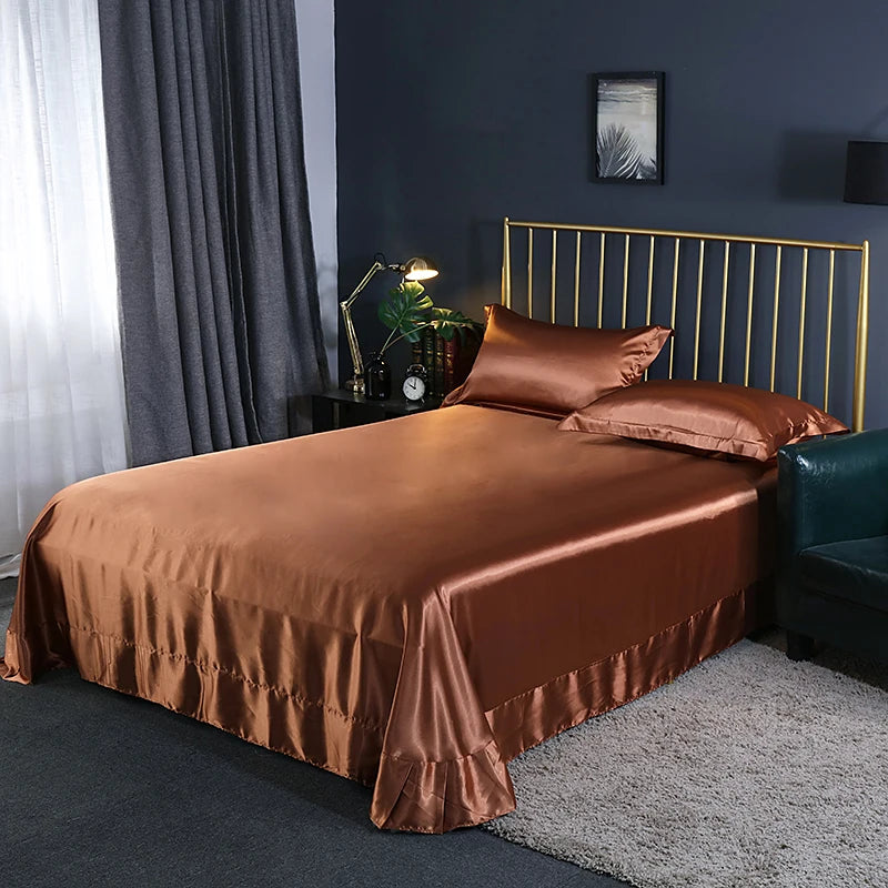 Luxury Mulberry Silk Bed Sheets and Pillow Cases Set Queen King Size Solid Satin Flat Bed Sheet Set European Soft Double Bedding