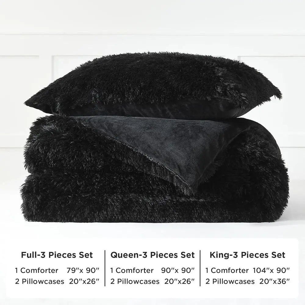 Queen Size Plush Faux Fur Comforter Set, 3-Piece Velvet Bedding with 1 Blanket and 2 Pillowcases