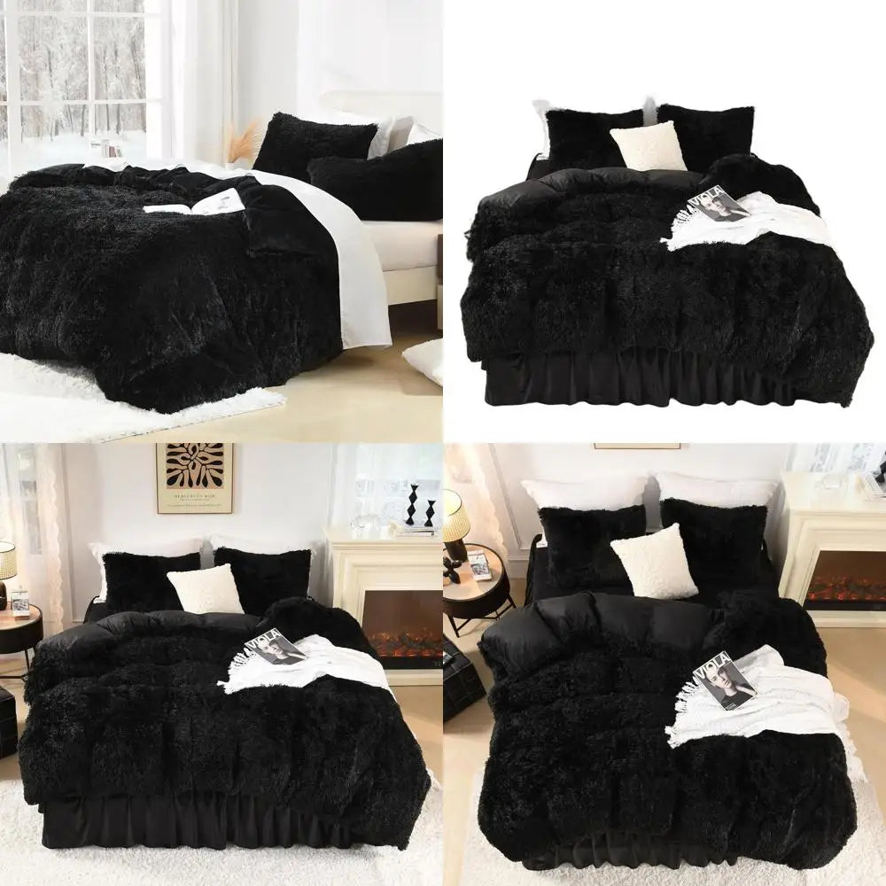 Queen Size Plush Faux Fur Comforter Set, 3-Piece Velvet Bedding with 1 Blanket and 2 Pillowcases