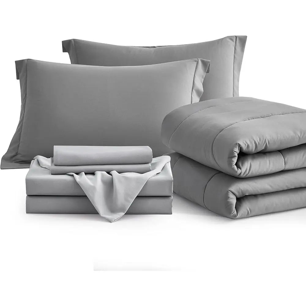 7-Piece Bed in a Bag Comforter Set with Sheets, Pillowcases, and Shams - Reversible Down Alternative Duvet Cover in Grey