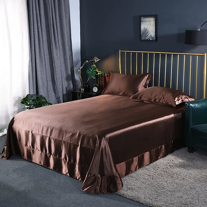 Luxury Mulberry Silk Bed Sheets and Pillow Cases Set Queen King Size Solid Satin Flat Bed Sheet Set European Soft Double Bedding