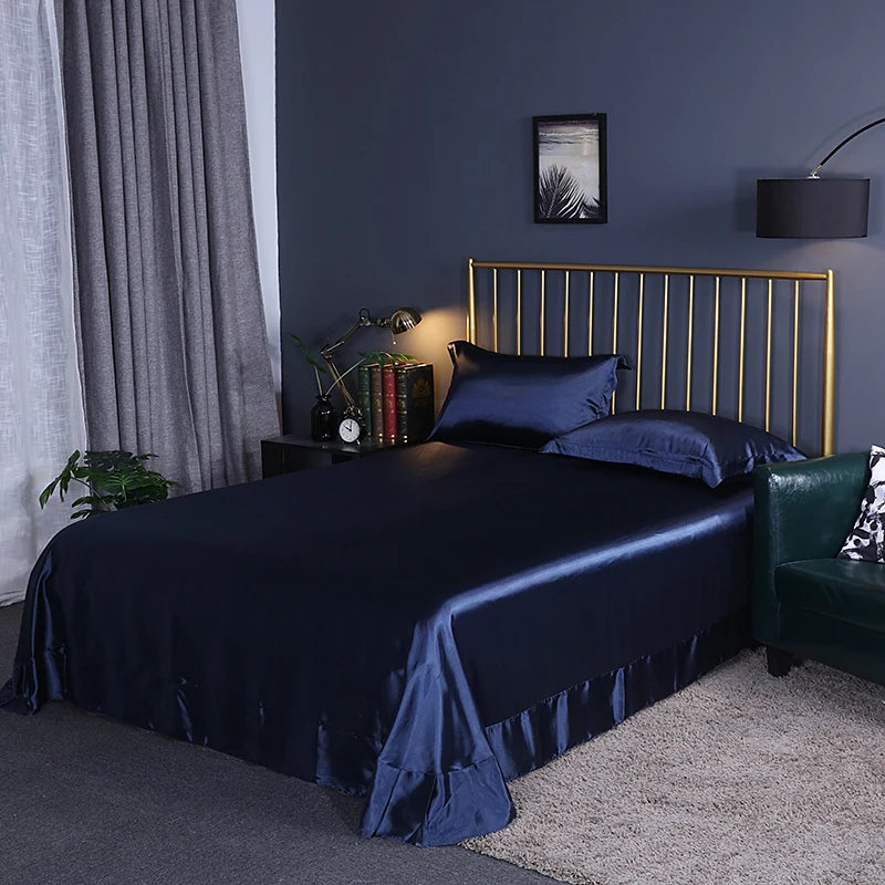 Luxury Mulberry Silk Bed Sheets and Pillow Cases Set Queen King Size Solid Satin Flat Bed Sheet Set European Soft Double Bedding